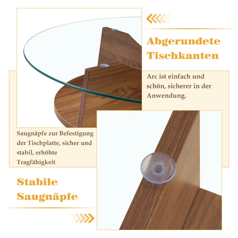 Table basse ronde en verre trempé pieds effet bois noyer Ø80 cm CLARITYEN