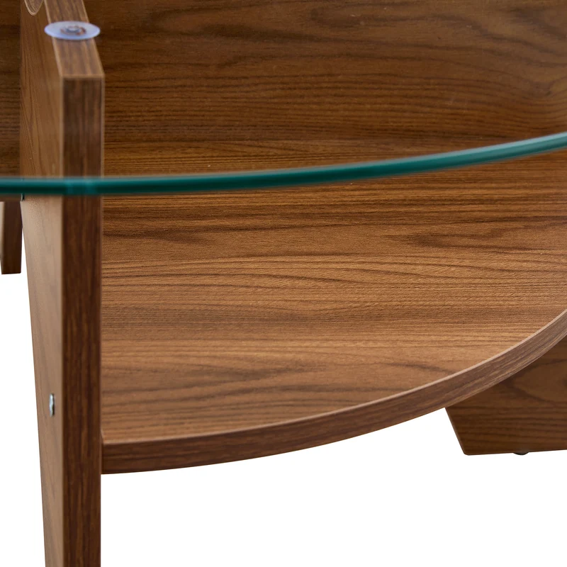 Table basse ronde en verre trempé pieds effet bois noyer Ø80 cm CLARITYEN