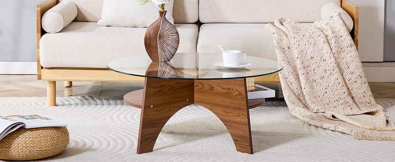 Table basse ronde en verre trempé pieds effet bois noyer Ø80 cm CLARITYEN