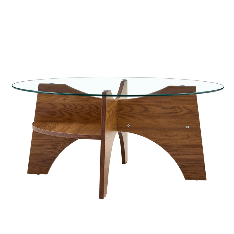 Table basse ronde en verre trempé pieds effet bois noyer Ø80 cm CLARITYEN
