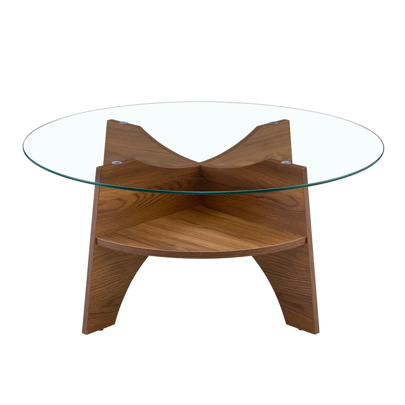 Table basse ronde en verre trempé pieds effet bois noyer Ø80 cm CLARITYEN
