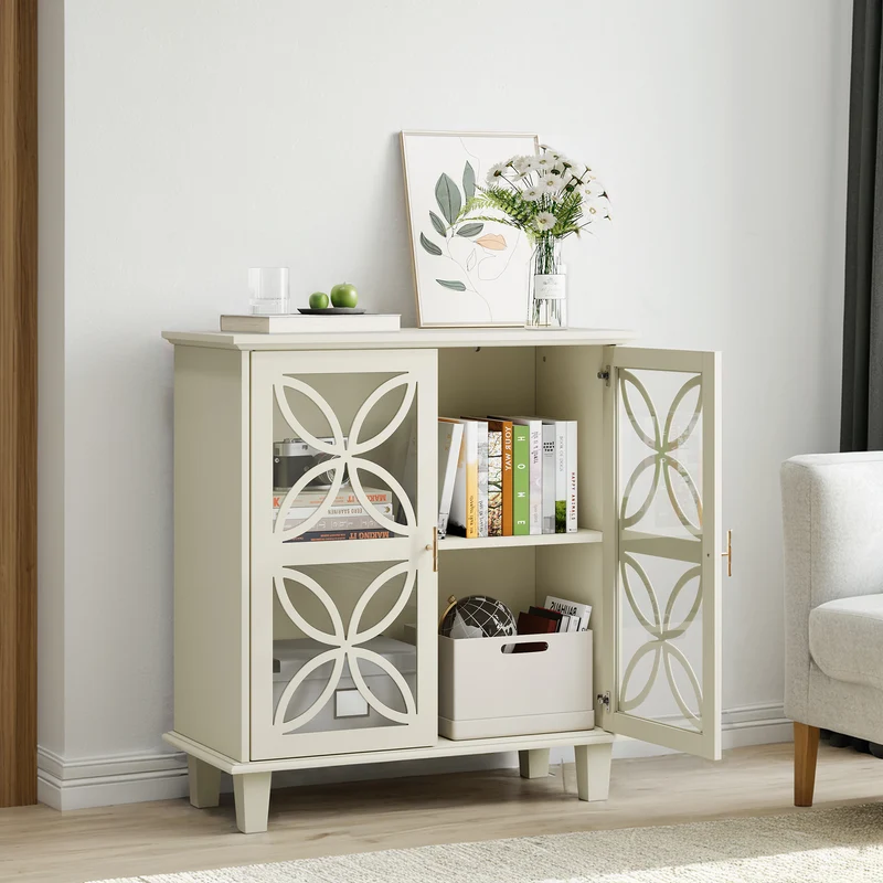 Buffet blanc crème 2 portes vitrées verre trempé à motifs tréfilés 80x38x87cm OBSIDIANORA