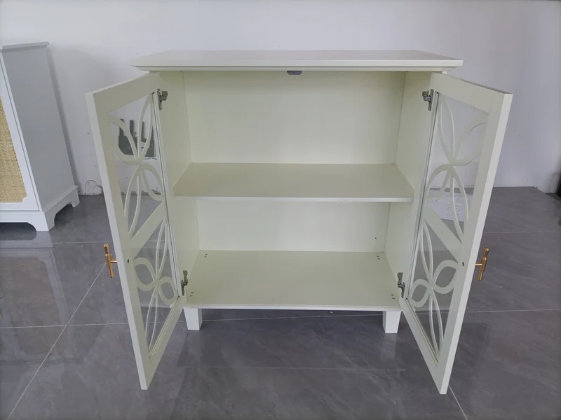 Buffet blanc crème 2 portes vitrées verre trempé à motifs tréfilés 80x38x87cm OBSIDIANORA