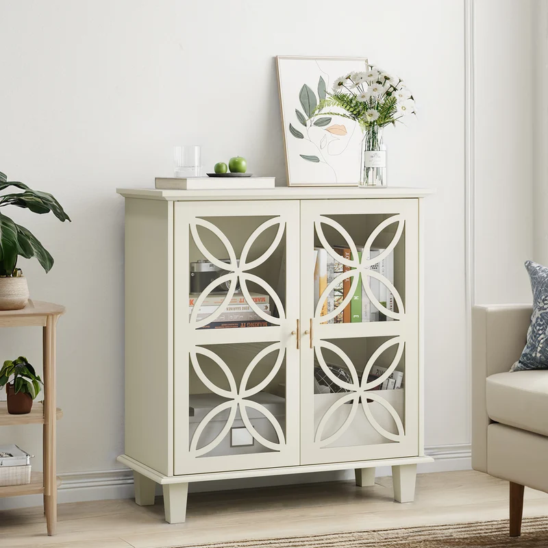 Buffet blanc crème 2 portes vitrées verre trempé à motifs tréfilés 80x38x87cm OBSIDIANORA