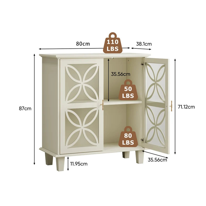 Buffet blanc crème 2 portes vitrées verre trempé à motifs tréfilés 80x38x87cm OBSIDIANORA