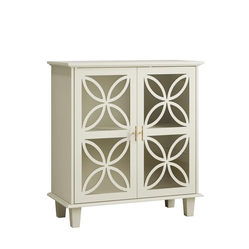 Buffet blanc crème 2 portes vitrées verre trempé à motifs tréfilés 80x38x87cm OBSIDIANORA