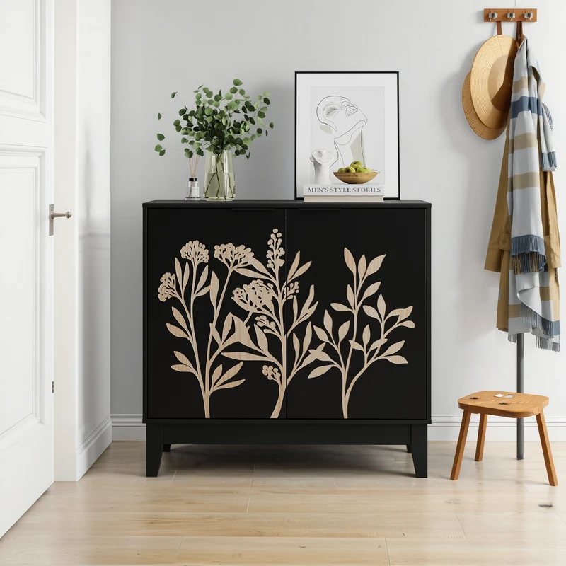 Buffet noir style champêtre à 2 porte avec motifs floraux gaufrés ELYSIUMLON
