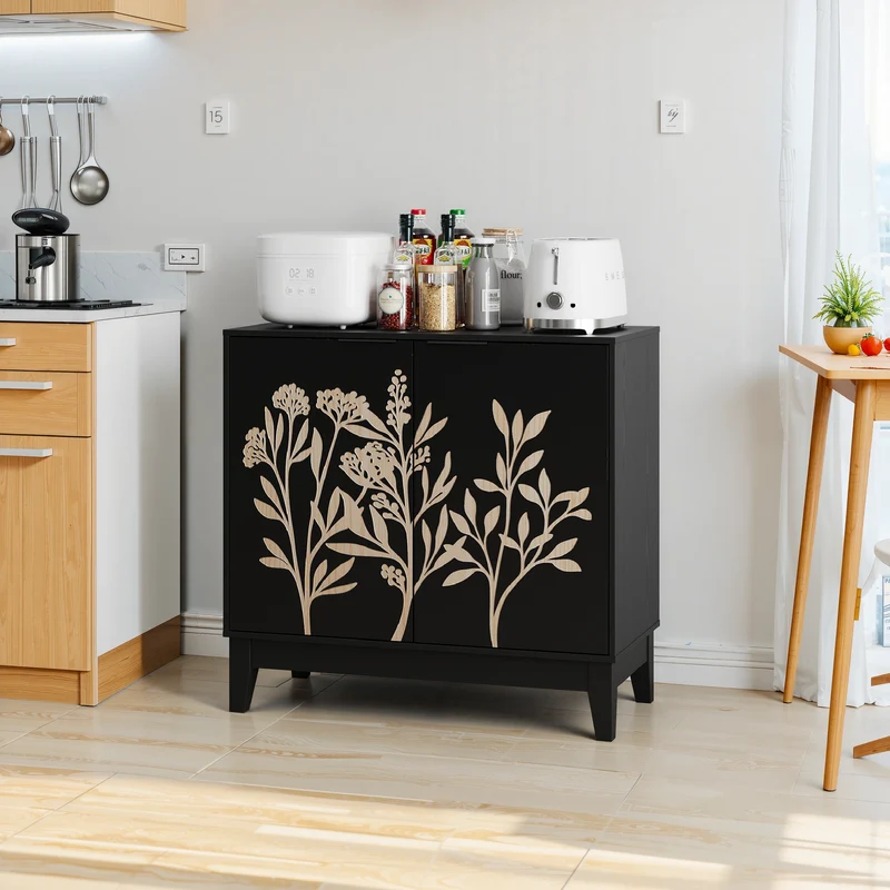 Buffet noir style champêtre à 2 porte avec motifs floraux gaufrés ELYSIUMLON