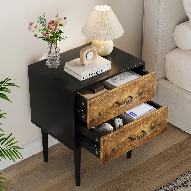 Table de chevet rétro noir et effet bois 2 tiroirs industrielle 51x38x66cm NOBLELSE