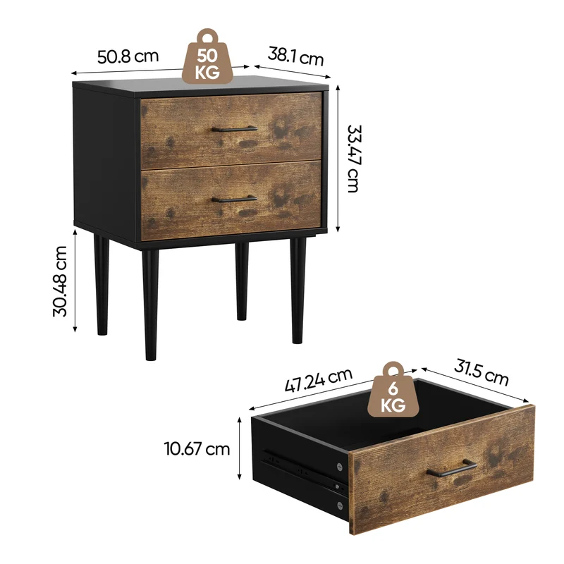 Table de chevet rétro noir et effet bois 2 tiroirs industrielle 51x38x66cm NOBLELSE