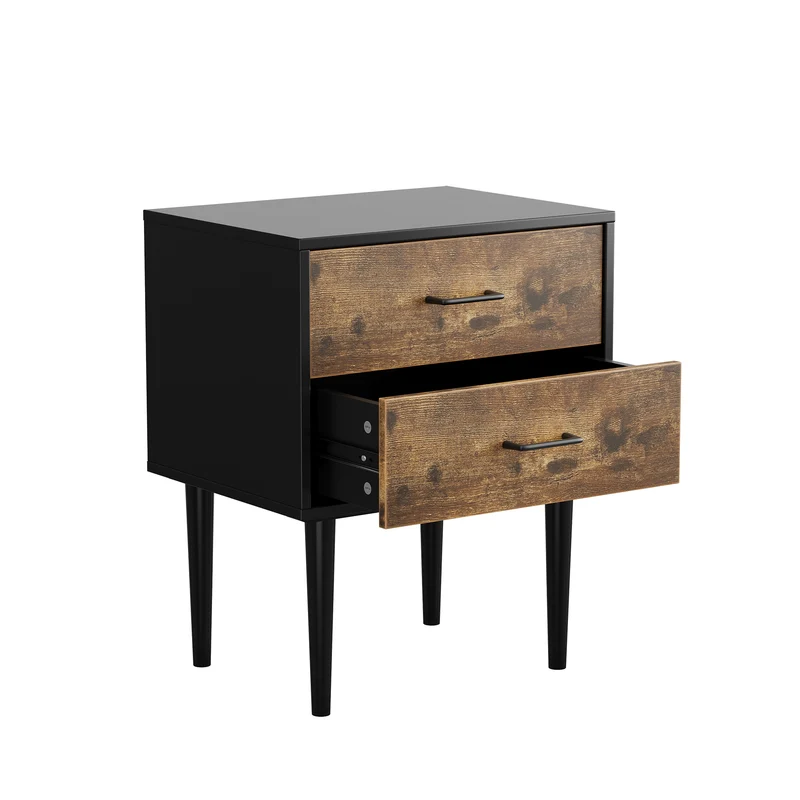 Table de chevet rétro noir et effet bois 2 tiroirs industrielle 51x38x66cm NOBLELSE