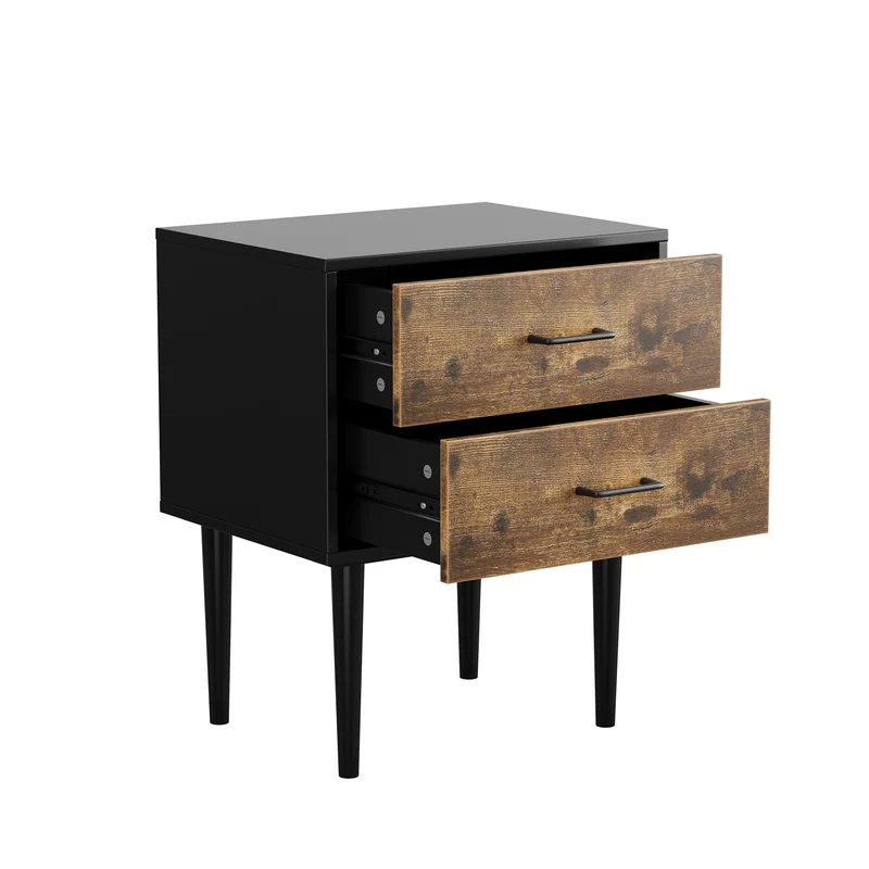 Table de chevet rétro noir et effet bois 2 tiroirs industrielle 51x38x66cm NOBLELSE