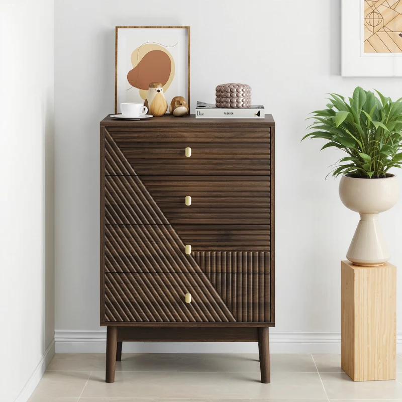 Commode scandinave 4 tiroirs effet bois noyer 4 tiroirs sculptées et pieds évasés 60x40x90cm NOBLEESIA