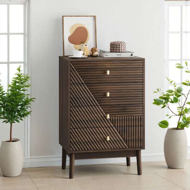 Commode scandinave 4 tiroirs effet bois noyer 4 tiroirs sculptées et pieds évasés 60x40x90cm NOBLEESIA