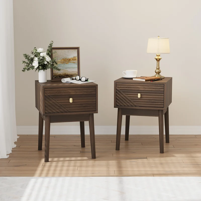 Lot de 2 tables de chevet effet noyer clair poignées métalliques dorés 40x40x55cm BREEZELAL