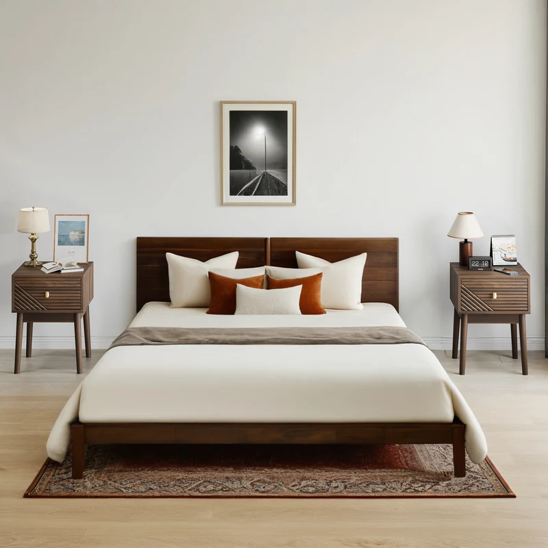 Lot de 2 tables de chevet effet noyer clair poignées métalliques dorés 40x40x55cm BREEZELAL