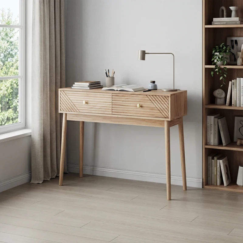 Console élégant effet chêne avec tiroirs 100x35x80cm QUANTALST