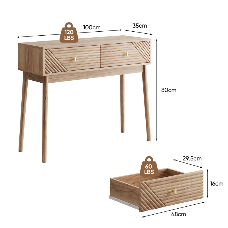 Console élégant effet chêne avec tiroirs 100x35x80cm QUANTALST