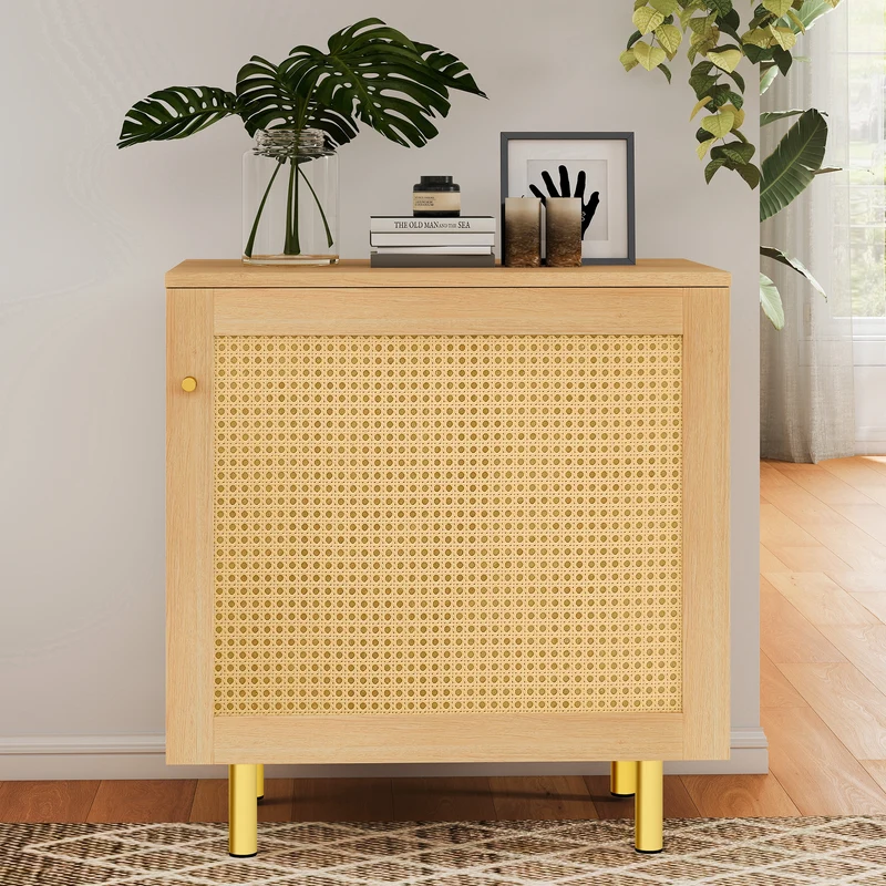 Buffet bas effet bois en rotin tressé 1 porte, 60x40x63 cm HALOITE