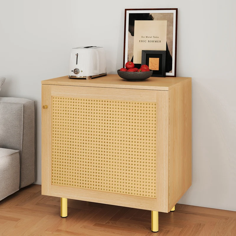 Buffet bas effet bois en rotin tressé 1 porte, 60x40x63 cm HALOITE