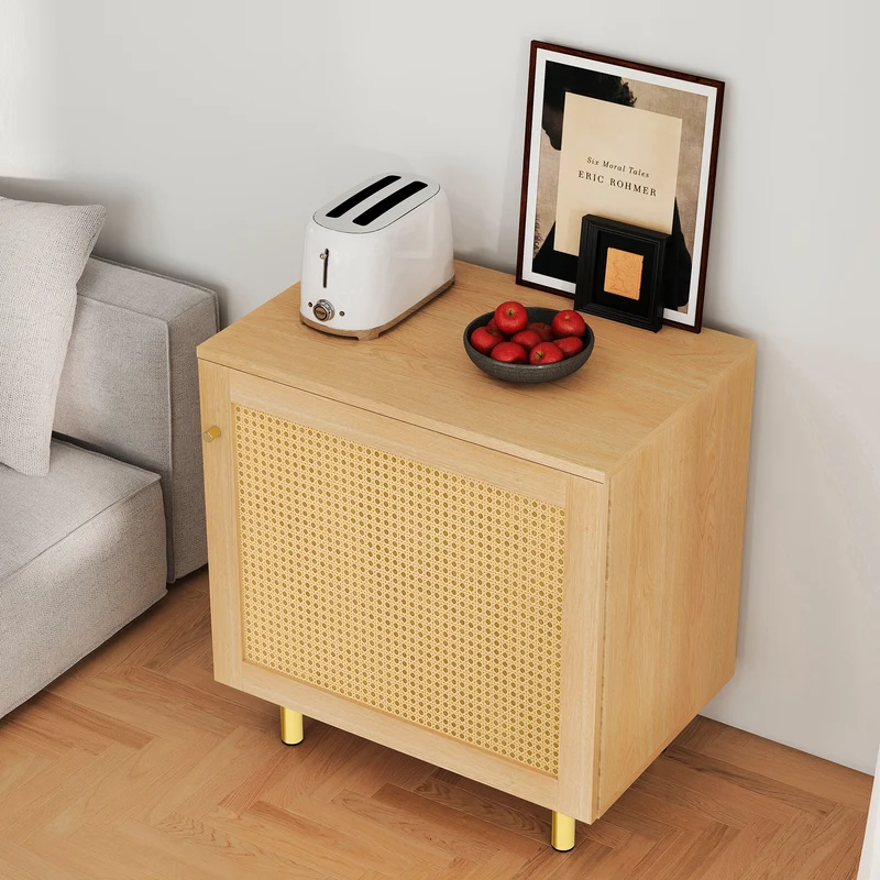 Buffet bas effet bois en rotin tressé 1 porte, 60x40x63 cm HALOITE