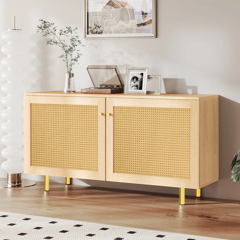 Buffet effet bois 2 portes en rotin clair 120x40x63cm CRESTORA