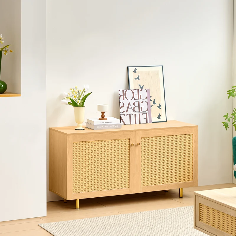 Buffet effet bois 2 portes en rotin clair 120x40x63cm CRESTORA