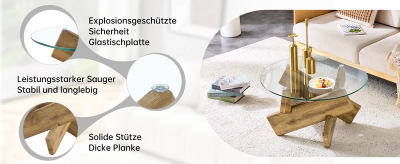 Table basse ronde effet bois en verre trempé pieds croisés 79*79cm NEXUS