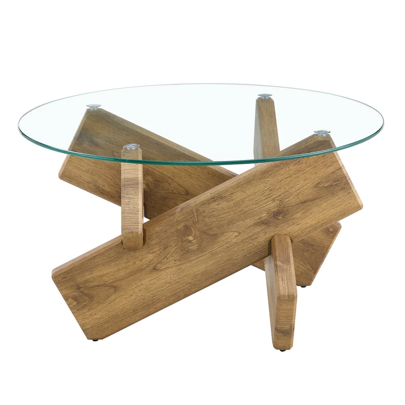 Table basse ronde effet bois en verre trempé pieds croisés 79*79cm NEXUS