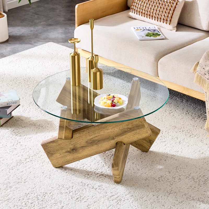 Table basse ronde effet bois en verre trempé pieds croisés 79*79cm NEXUS