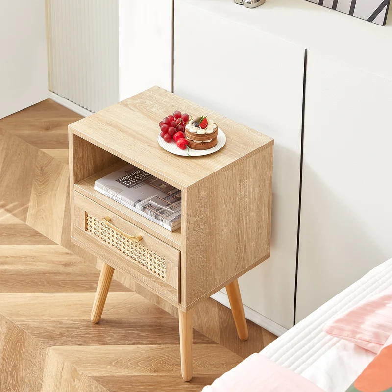 Table de chevet en rotin avec tiroir, pieds en bois massif 40x30x55cm TRAVERSEIA