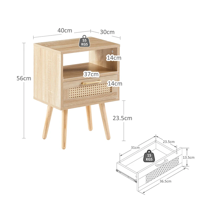 Table de chevet en rotin avec tiroir, pieds en bois massif 40x30x55cm TRAVERSEIA