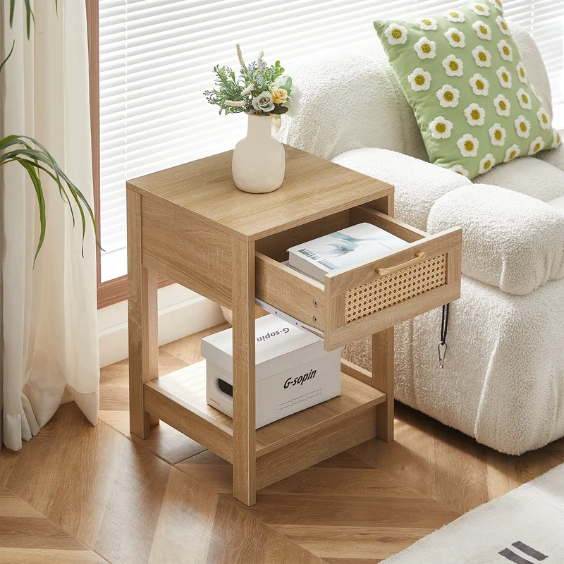 Table de chevet effet bois en rotin moderne avec tiroir 40x40x55 cm LYRICINE