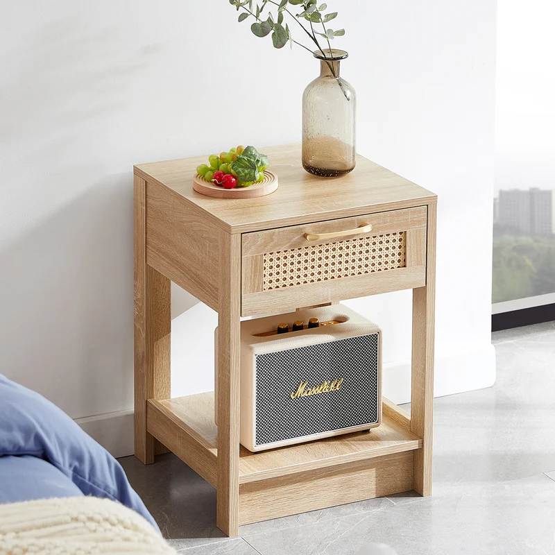 Table de chevet effet bois en rotin moderne avec tiroir 40x40x55 cm LYRICINE