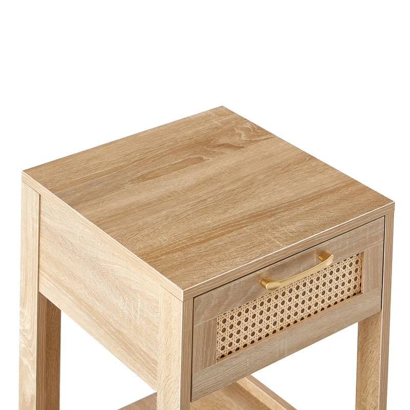 Table de chevet effet bois en rotin moderne avec tiroir 40x40x55 cm LYRICINE