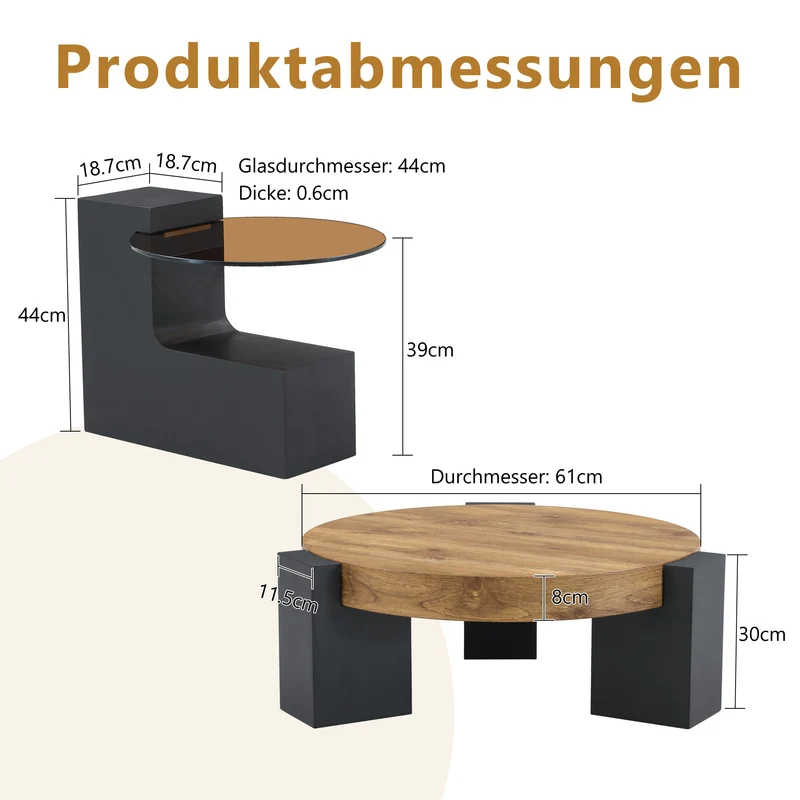 Table basse ronde moderne 2 niveaux effet bois et verre brun transparent, démontable CRESTLA