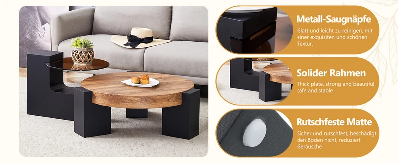 Table basse ronde moderne 2 niveaux effet bois et verre brun transparent, démontable CRESTLA