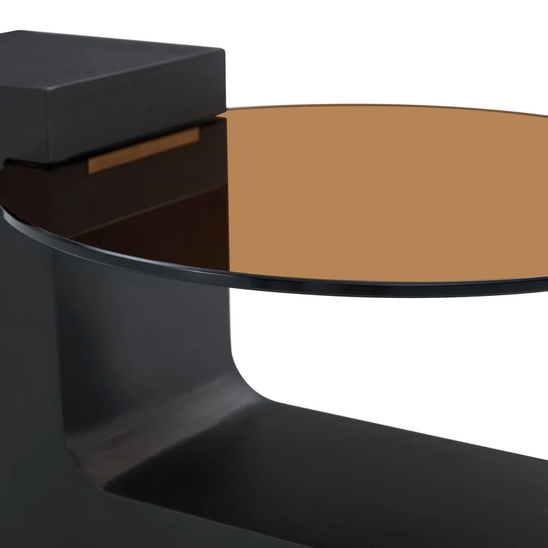 Table basse ronde moderne 2 niveaux effet bois et verre brun transparent, démontable CRESTLA