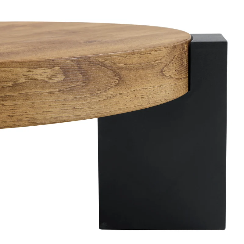 Table basse ronde moderne 2 niveaux effet bois et verre brun transparent, démontable CRESTLA