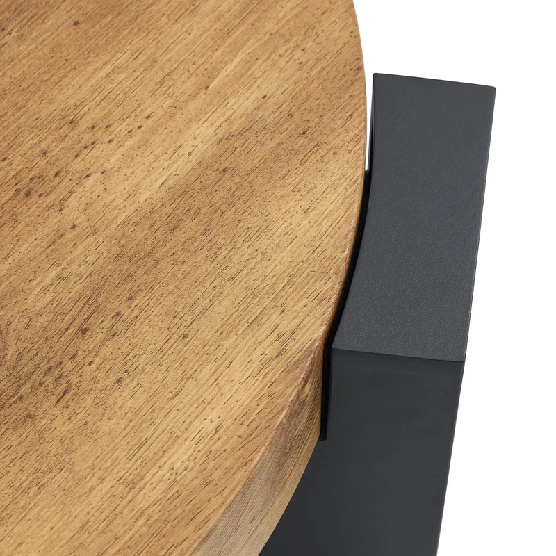 Table basse ronde moderne 2 niveaux effet bois et verre brun transparent, démontable CRESTLA