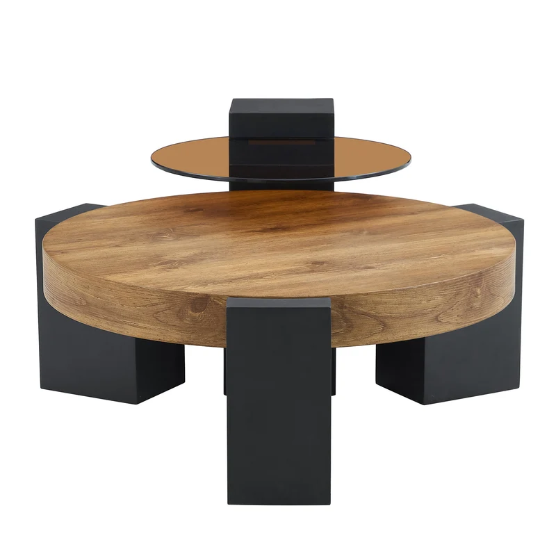 Table basse ronde moderne 2 niveaux effet bois et verre brun transparent, démontable CRESTLA