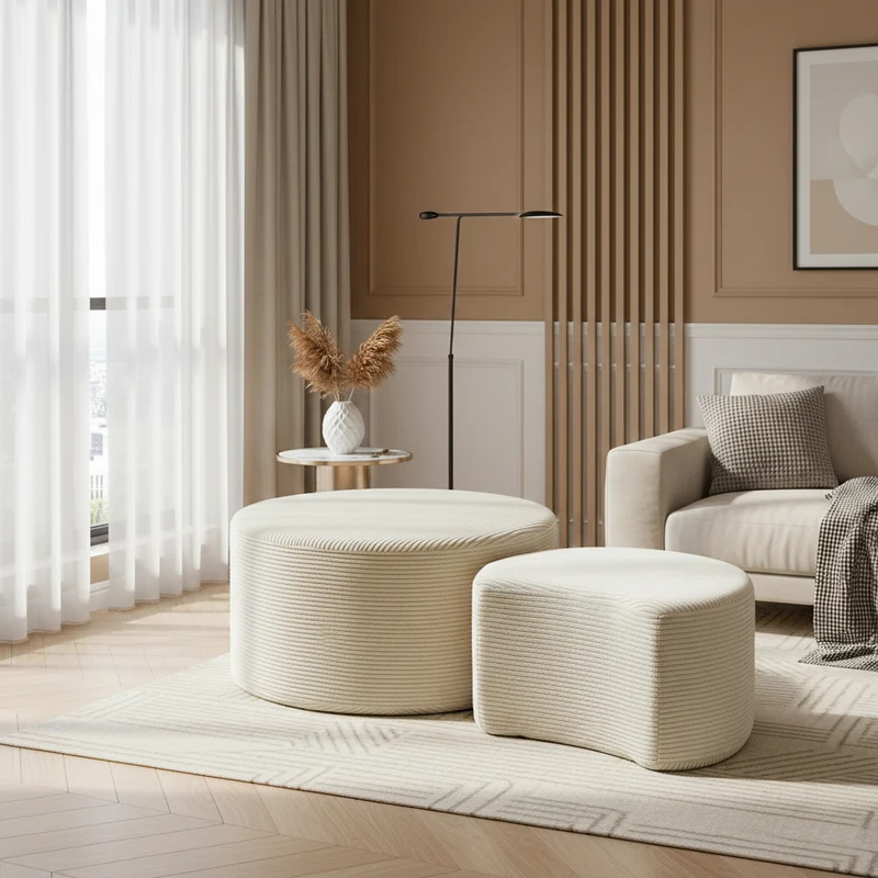 Ensemble de 2 tables basses gigognes rondes rembourrées beige, sans montage ASTRAELLE
