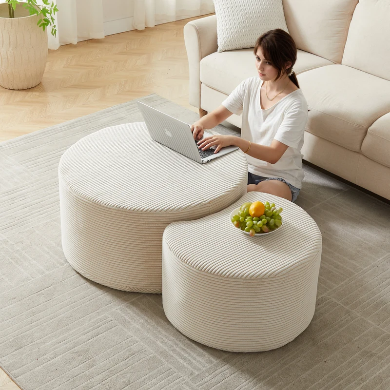 Ensemble de 2 tables basses gigognes rondes rembourrées beige, sans montage ASTRAELLE