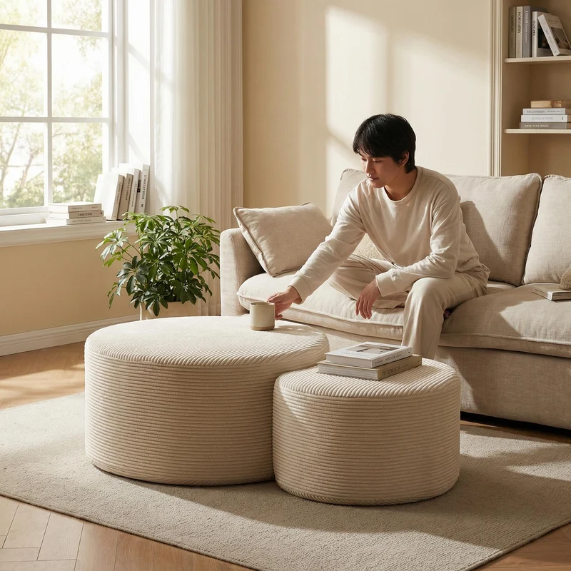 Ensemble de 2 tables basses gigognes rondes rembourrées beige, sans montage ASTRAELLE