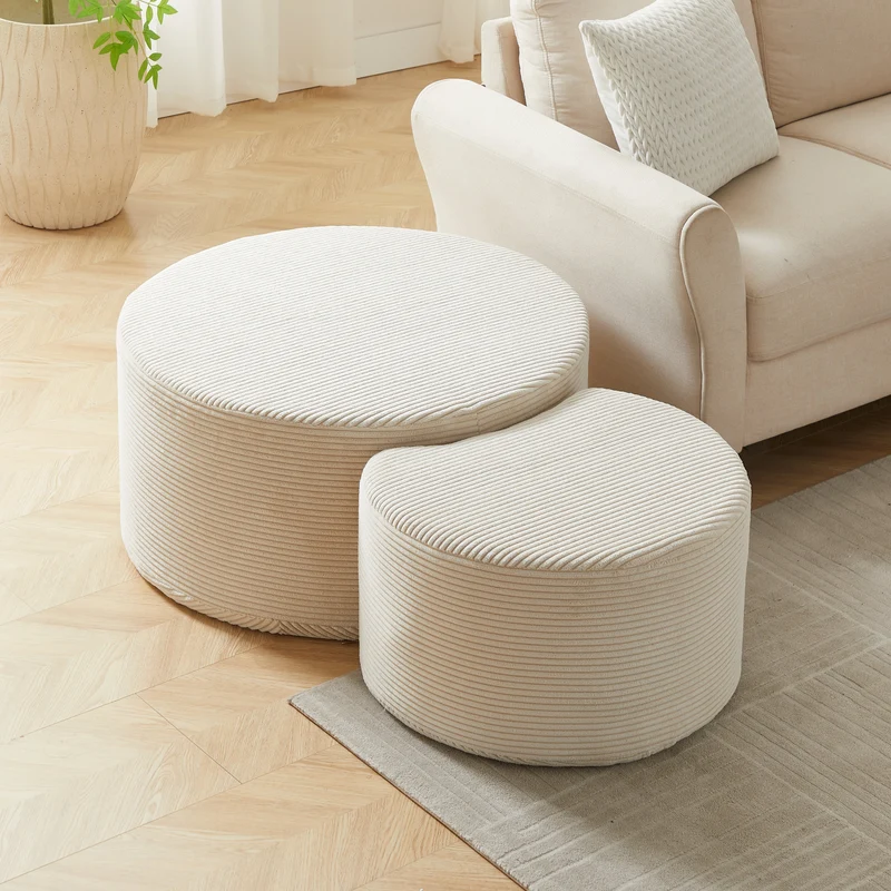 Ensemble de 2 tables basses gigognes rondes rembourrées beige, sans montage ASTRAELLE