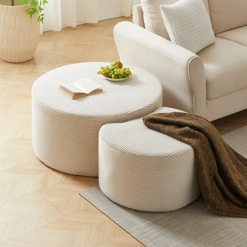 Ensemble de 2 tables basses gigognes rondes rembourrées beige, sans montage ASTRAELLE