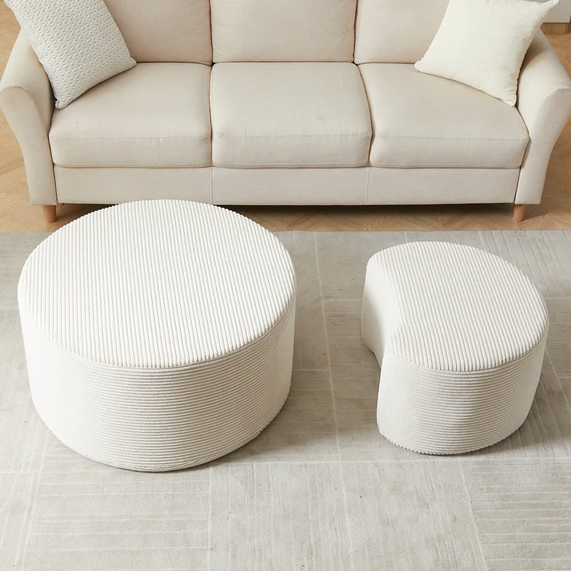 Ensemble de 2 tables basses gigognes rondes rembourrées beige, sans montage ASTRAELLE