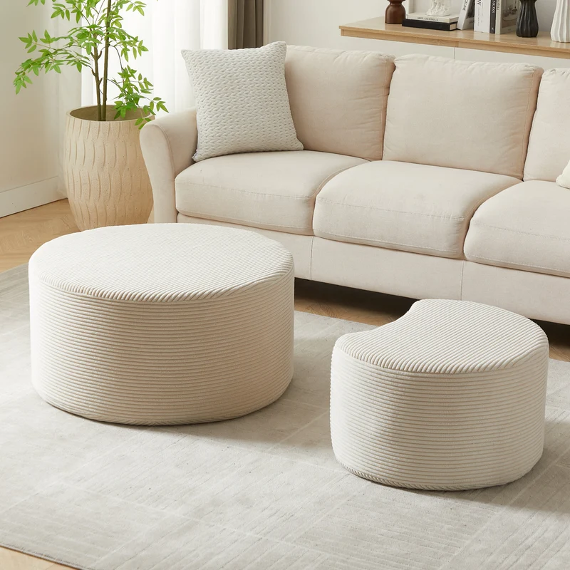Ensemble de 2 tables basses gigognes rondes rembourrées beige, sans montage ASTRAELLE