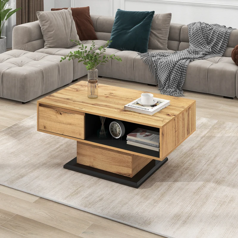 Table basse grain de bois avec rangement double face et tiroir 100x47x60 EINPHATH