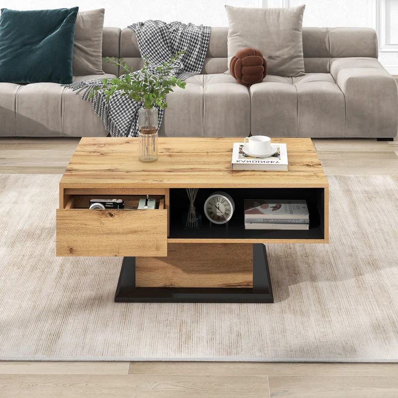 Table basse grain de bois avec rangement double face et tiroir 100x47x60 EINPHATH